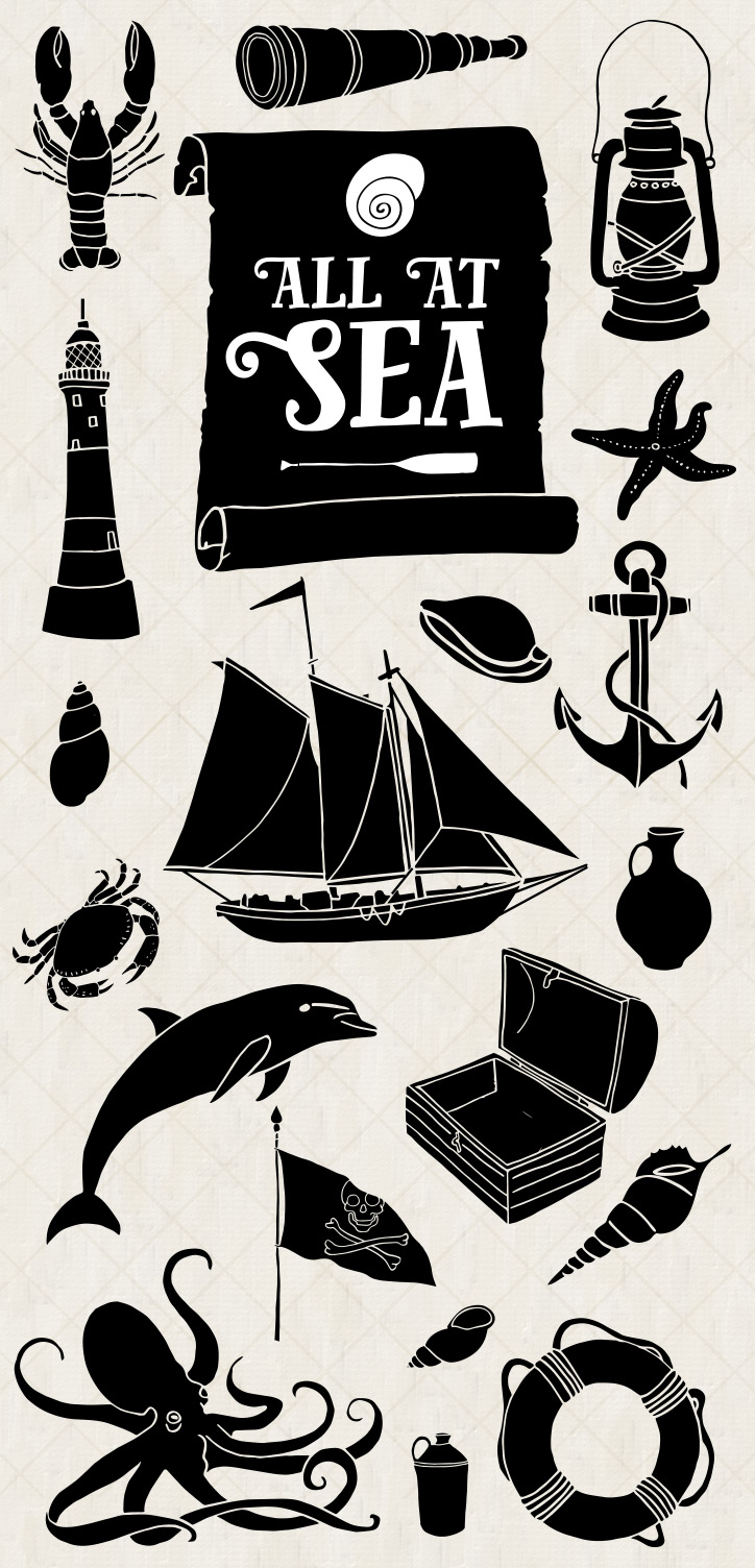 33 hand drawn ocean and nautical illustrations by Mels Brushes. Vintage style downloadable vectors, JPEGs and PNGs