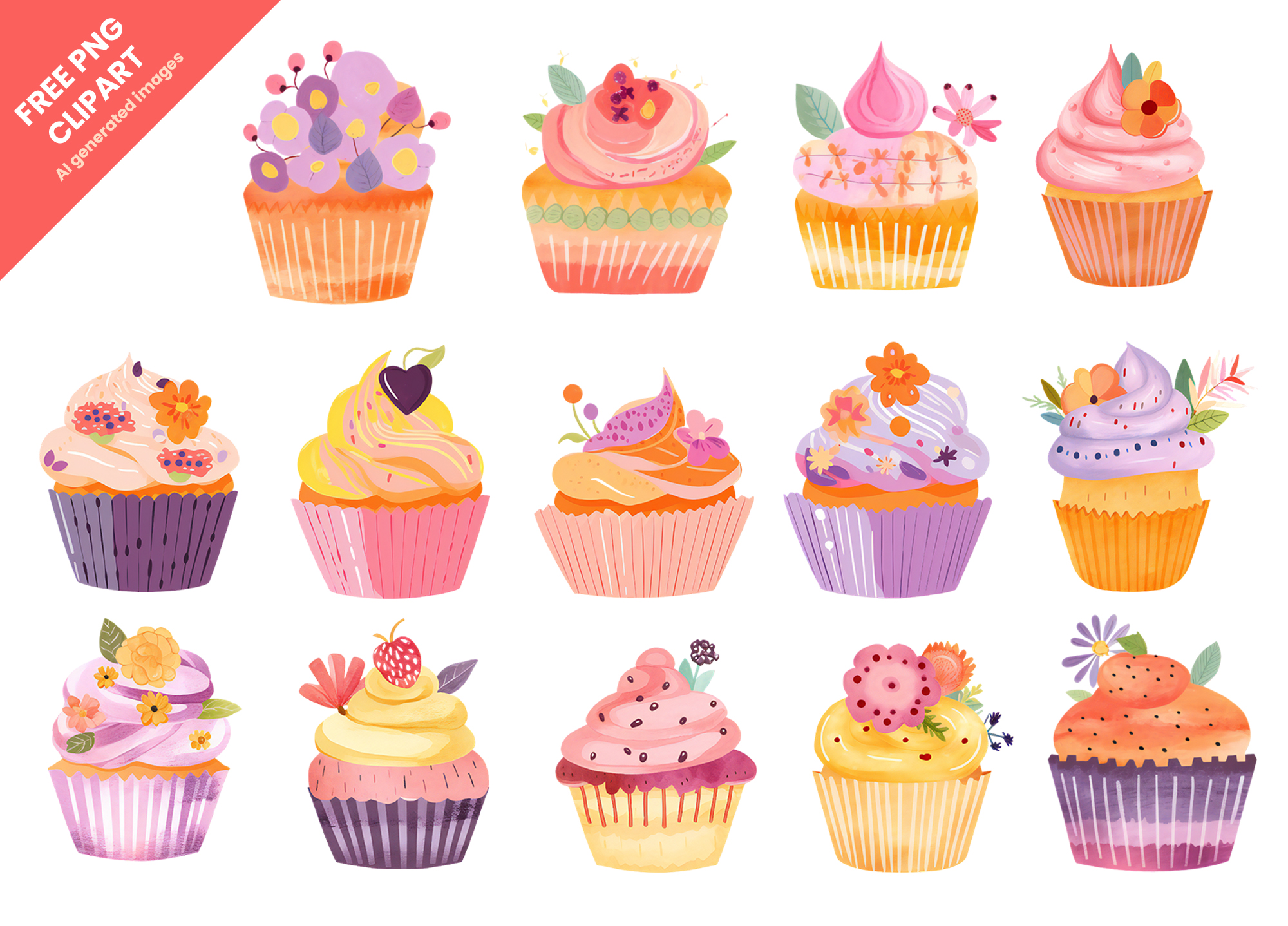 image of 14 colourful watercolour cupcake clipart illustrations