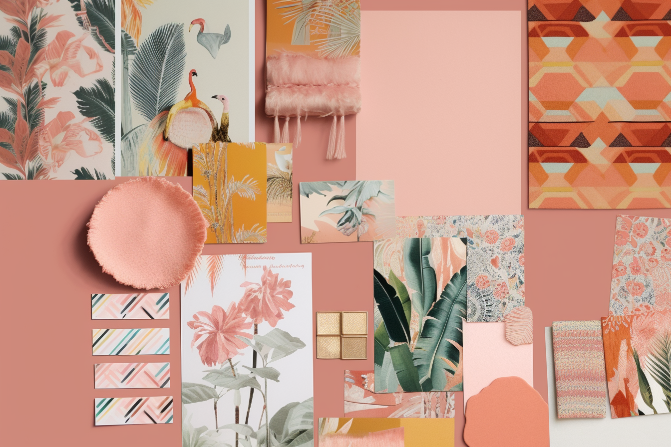 Image of a pretty Surface pattern collection design moodboard in peach, cream and sage green colours
