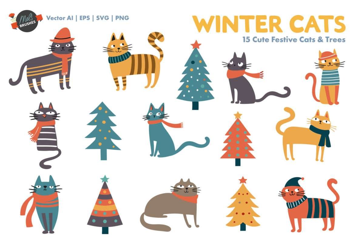 Cute Winter Festive Cats Vector Clipart